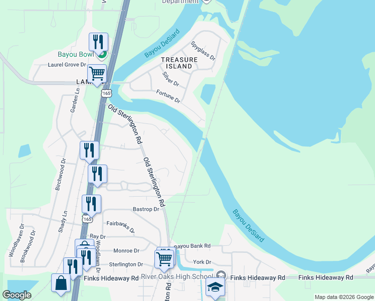 map of restaurants, bars, coffee shops, grocery stores, and more near 127 Bayou Bend Rd in Monroe