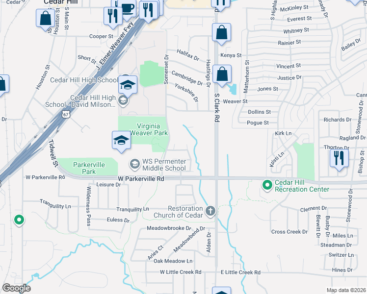 map of restaurants, bars, coffee shops, grocery stores, and more near 201 Poinsetta Lane in Cedar Hill