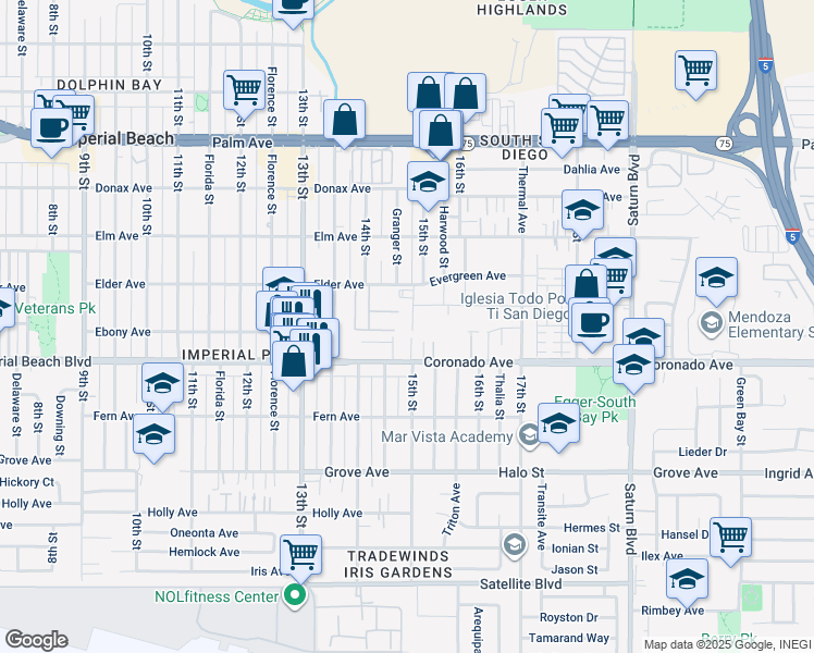map of restaurants, bars, coffee shops, grocery stores, and more near 1042 15th Street in San Diego