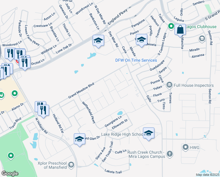 map of restaurants, bars, coffee shops, grocery stores, and more near 4707 Sunset Drive in Mansfield