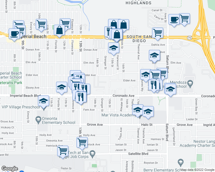 map of restaurants, bars, coffee shops, grocery stores, and more near 1071 Granger Street in San Diego
