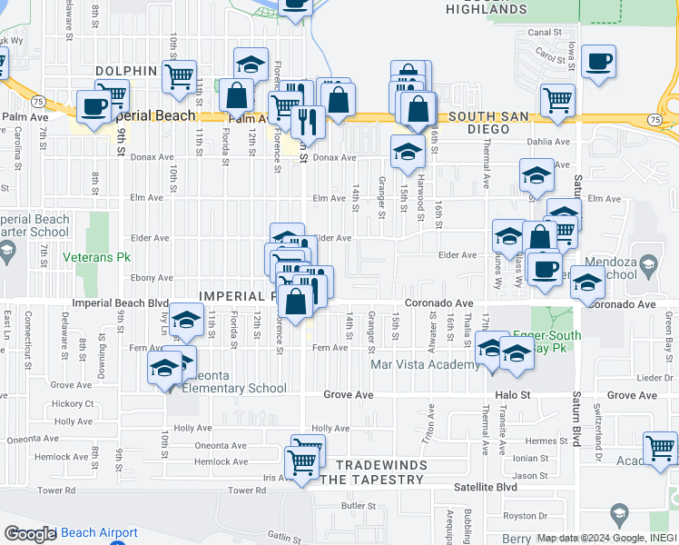 map of restaurants, bars, coffee shops, grocery stores, and more near 1405 Eboe Avenue in San Diego
