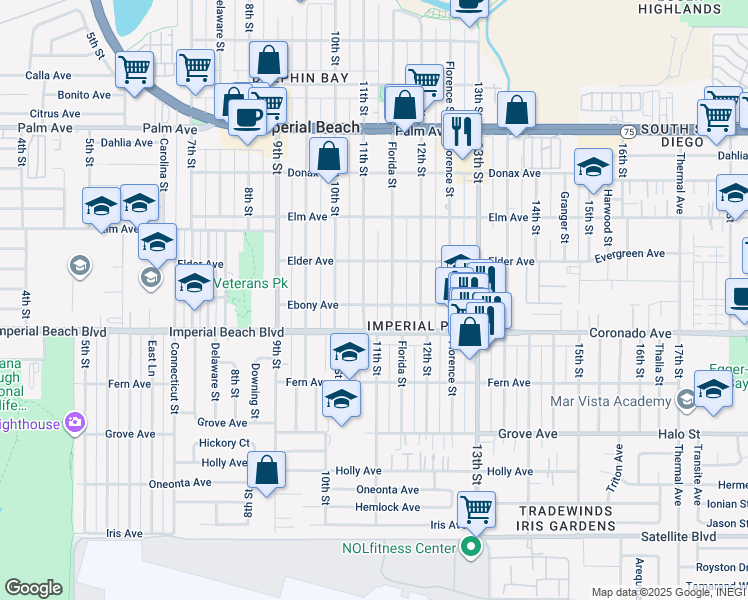 map of restaurants, bars, coffee shops, grocery stores, and more near 1060 Florida Street in Imperial Beach