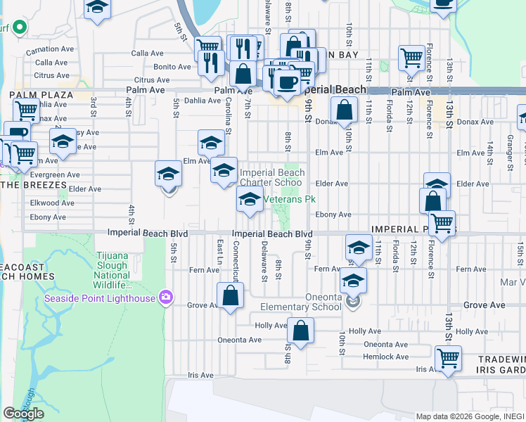 map of restaurants, bars, coffee shops, grocery stores, and more near in Imperial Beach