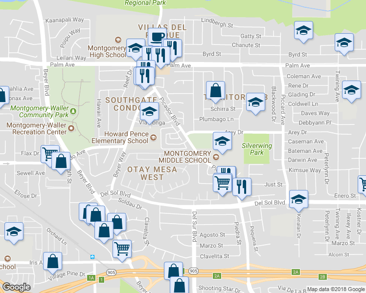 map of restaurants, bars, coffee shops, grocery stores, and more near 3124 Caminito Quixote in San Diego
