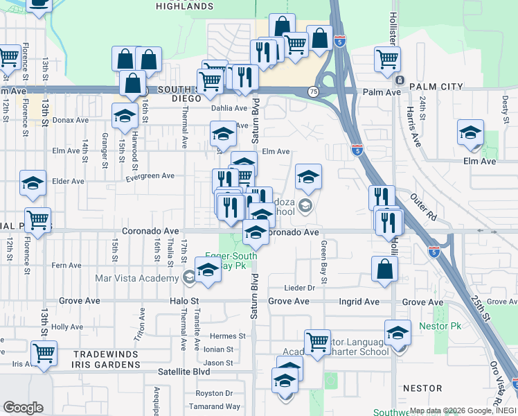 map of restaurants, bars, coffee shops, grocery stores, and more near in San Diego