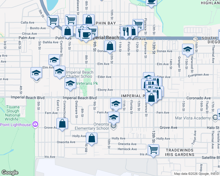 map of restaurants, bars, coffee shops, grocery stores, and more near 1062 10th Street in Imperial Beach