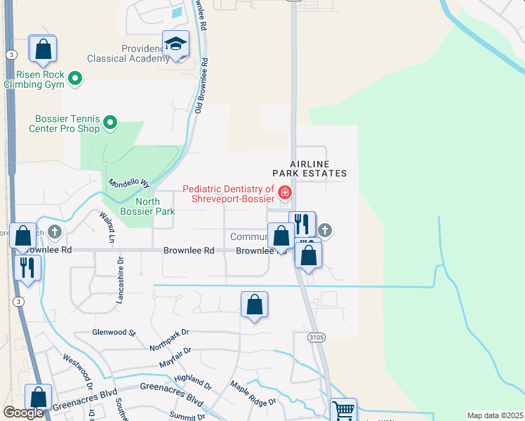 map of restaurants, bars, coffee shops, grocery stores, and more near 2625 Brown Street in Bossier City