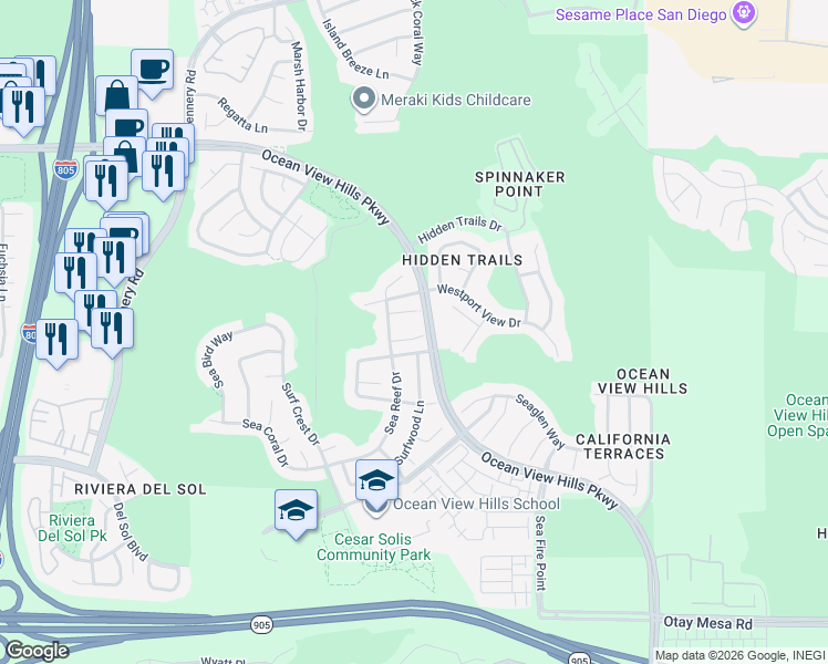 map of restaurants, bars, coffee shops, grocery stores, and more near 5080 Sea Reef Place in San Diego