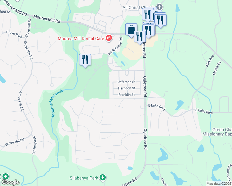 map of restaurants, bars, coffee shops, grocery stores, and more near 2149 Franklin Street in Auburn
