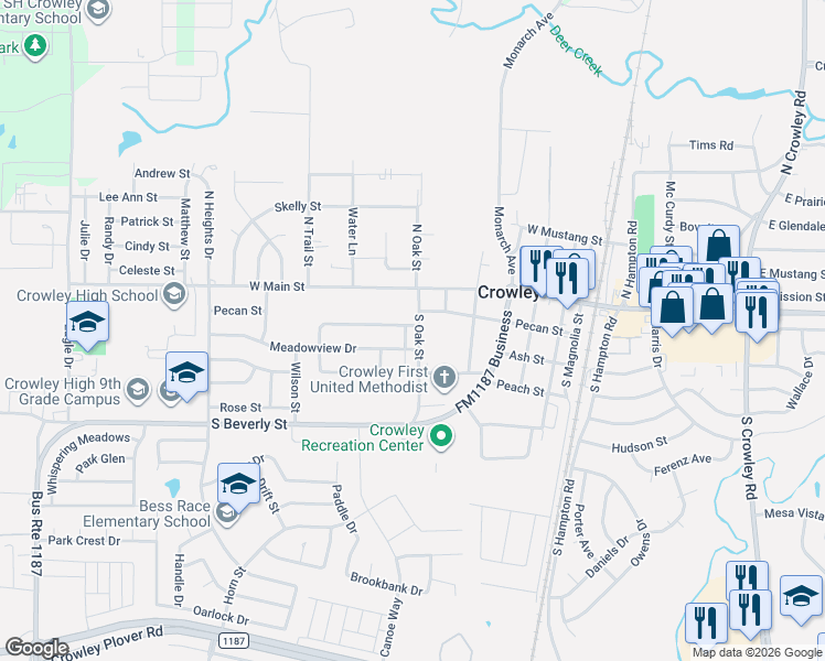 map of restaurants, bars, coffee shops, grocery stores, and more near 104 South Oak Street in Crowley