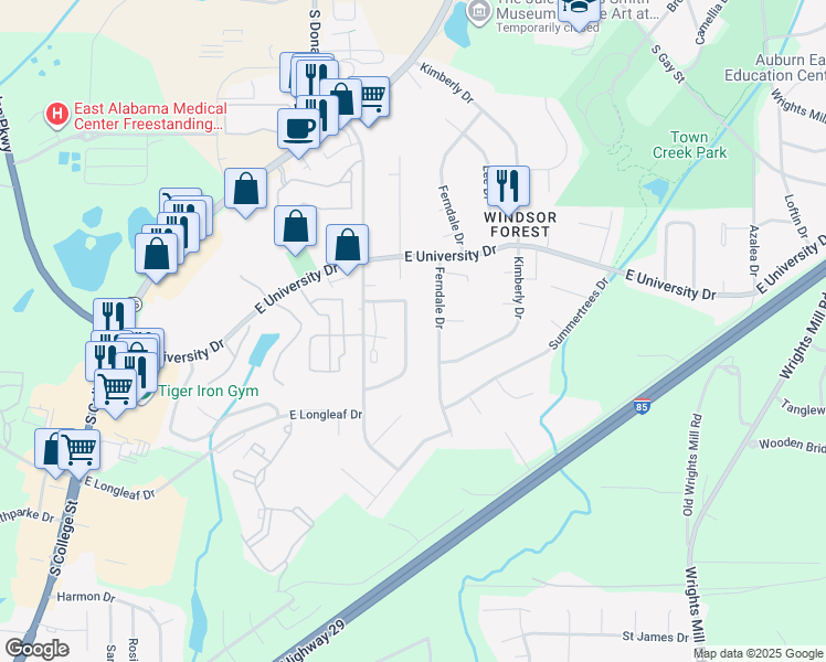 map of restaurants, bars, coffee shops, grocery stores, and more near 1401 Cloverbrook Circle in Auburn