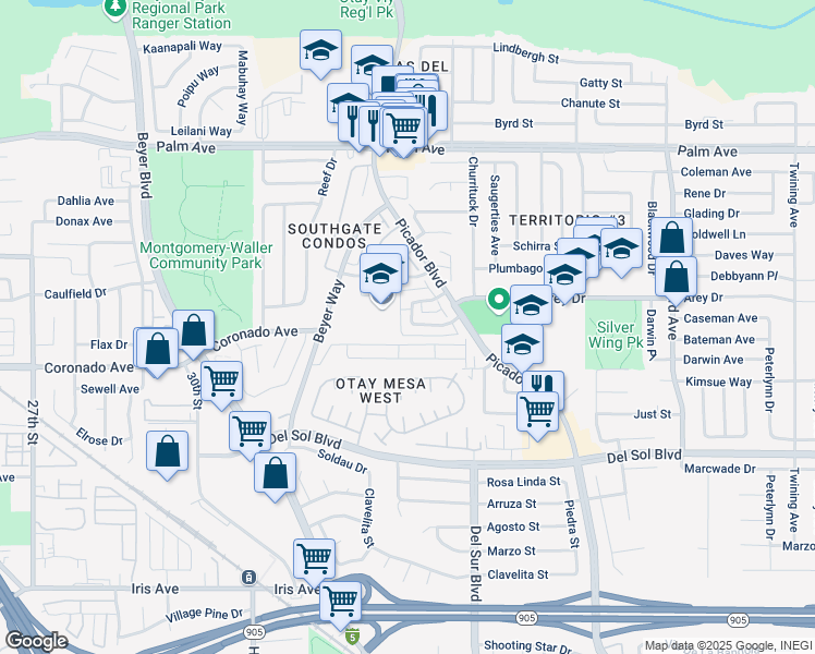 map of restaurants, bars, coffee shops, grocery stores, and more near 3124 Caminito Quixote in San Diego