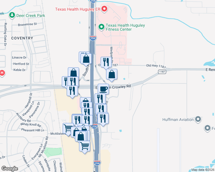 map of restaurants, bars, coffee shops, grocery stores, and more near 12401 South Freeway in Burleson