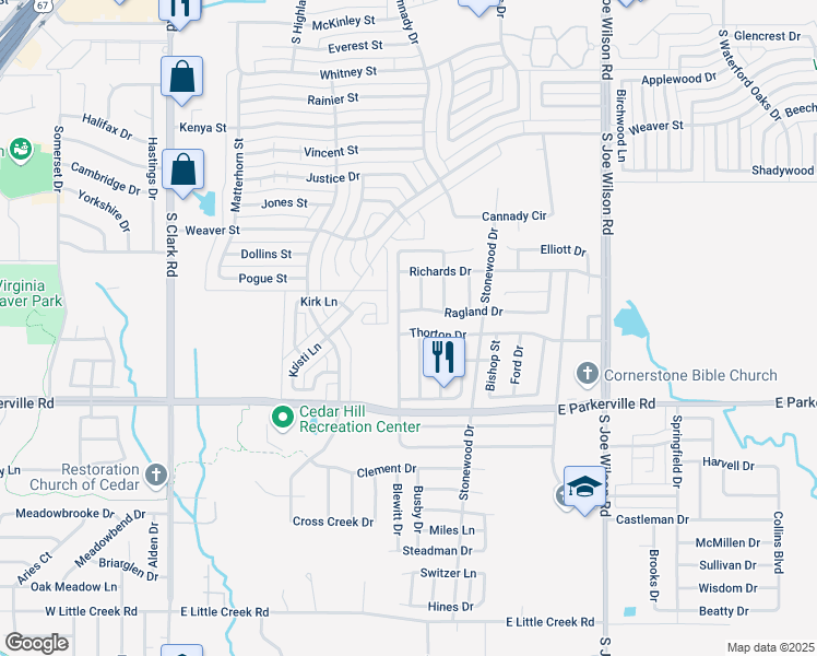map of restaurants, bars, coffee shops, grocery stores, and more near 802 Thorton Drive in Cedar Hill