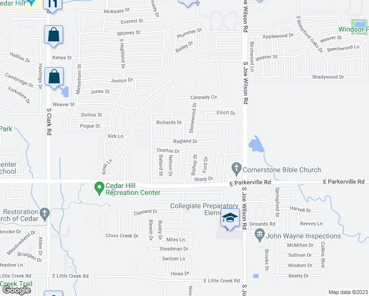 map of restaurants, bars, coffee shops, grocery stores, and more near 832 Thorton Drive in Cedar Hill