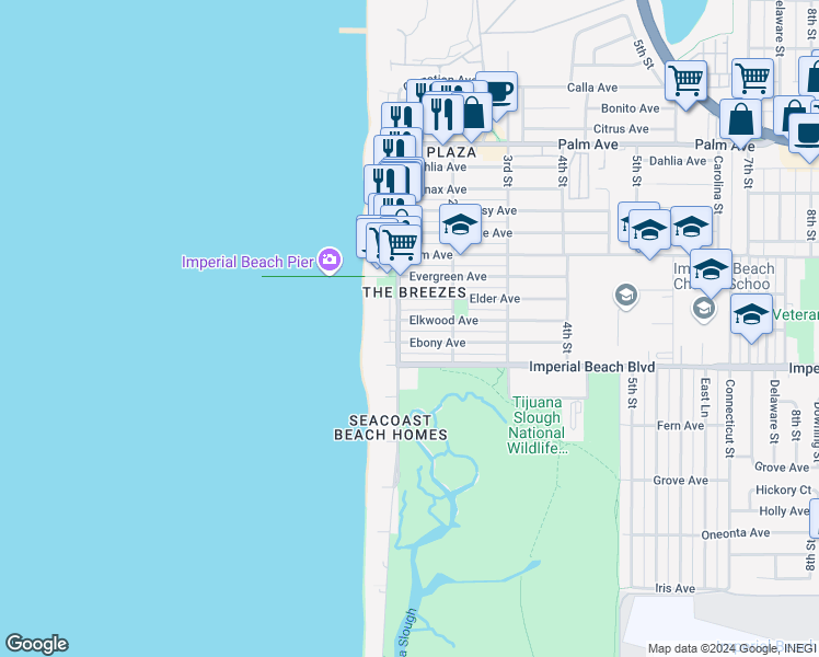 map of restaurants, bars, coffee shops, grocery stores, and more near 121 Elkwood Avenue in Imperial Beach