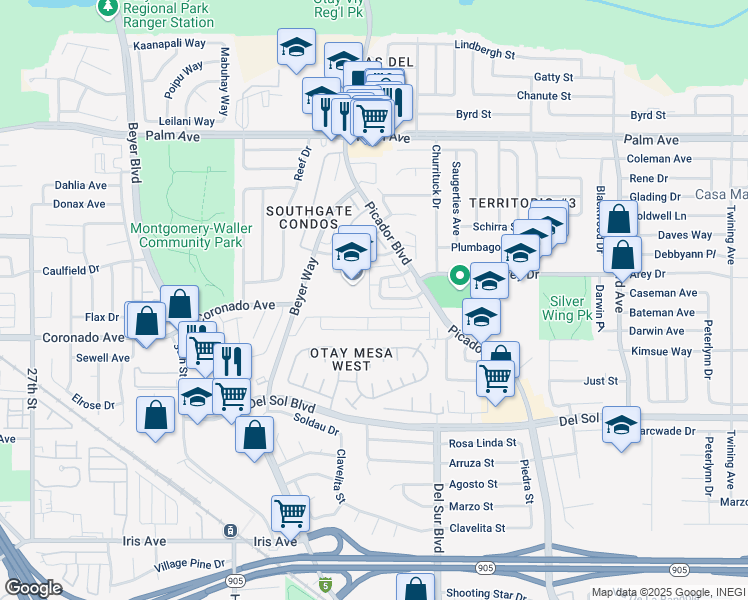 map of restaurants, bars, coffee shops, grocery stores, and more near 3206 Caminito Quixote in San Diego