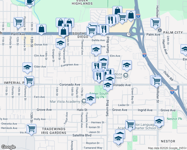 map of restaurants, bars, coffee shops, grocery stores, and more near 1808 Elder Avenue in San Diego