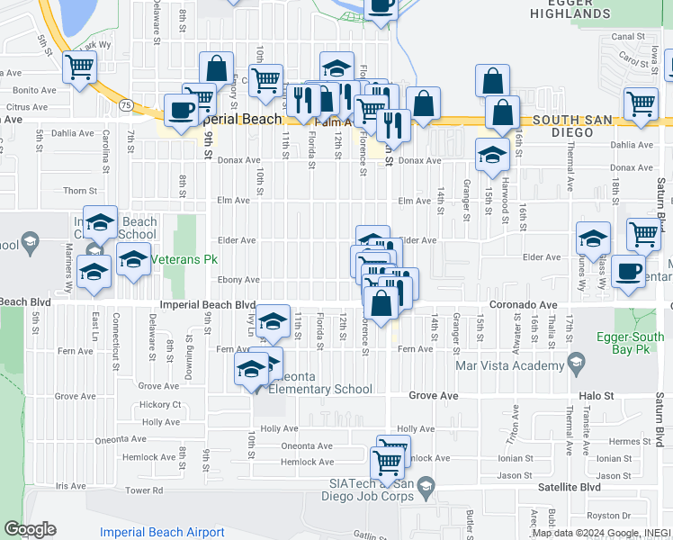 map of restaurants, bars, coffee shops, grocery stores, and more near 1036 12th Street in Imperial Beach