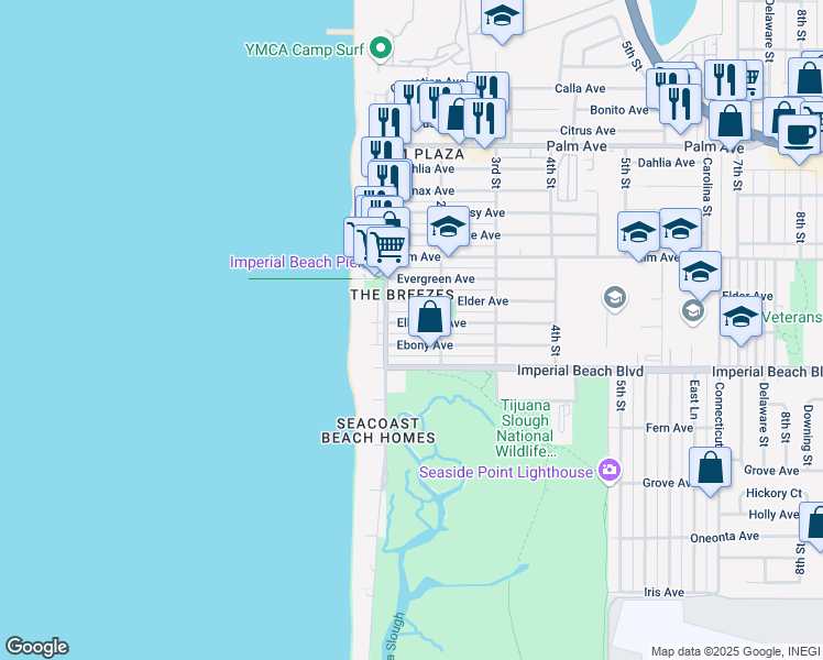 map of restaurants, bars, coffee shops, grocery stores, and more near 143 Elkwood Avenue in Imperial Beach