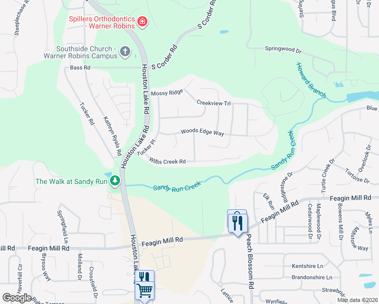 map of restaurants, bars, coffee shops, grocery stores, and more near 103 Water Oak Court in Warner Robins