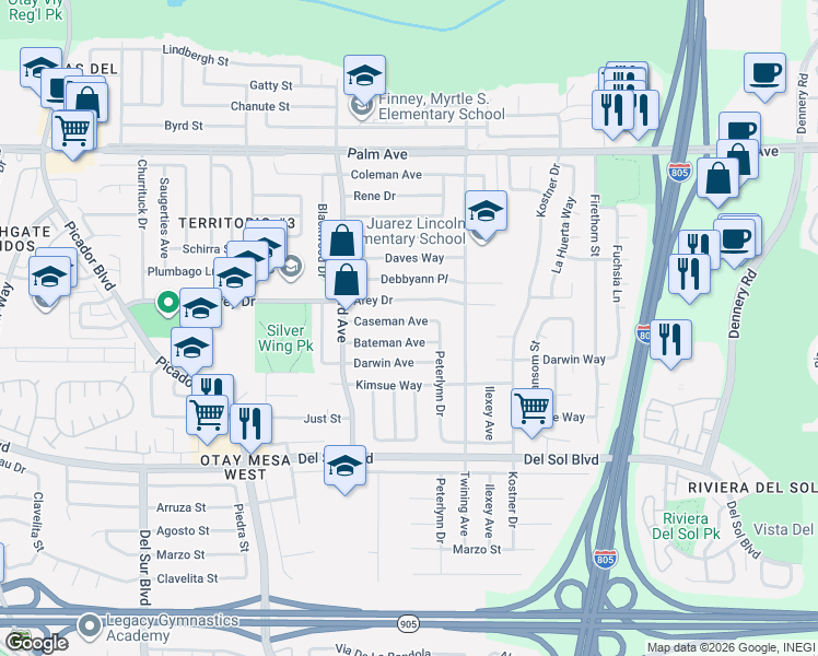 map of restaurants, bars, coffee shops, grocery stores, and more near 4007 Arey Drive in San Diego