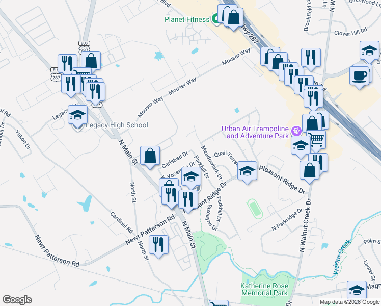 map of restaurants, bars, coffee shops, grocery stores, and more near 912 Parkhill Drive in Mansfield