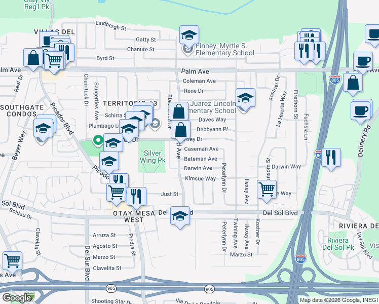 map of restaurants, bars, coffee shops, grocery stores, and more near 3945 Caseman Avenue in San Diego