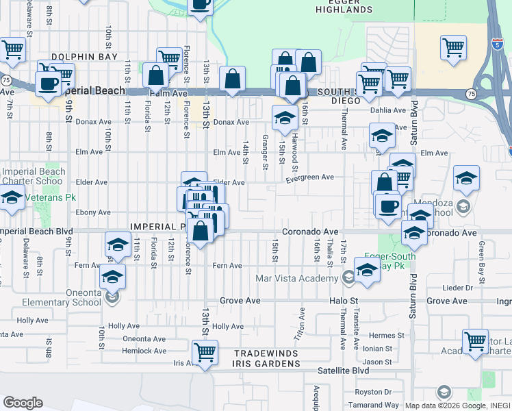map of restaurants, bars, coffee shops, grocery stores, and more near 1479-85 Elder Avenue in Imperial Beach