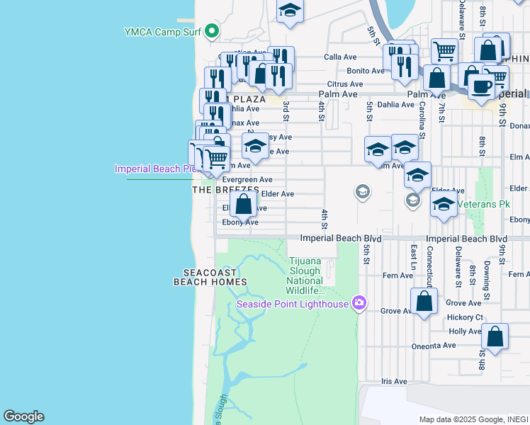 map of restaurants, bars, coffee shops, grocery stores, and more near 231 Elder Avenue in Imperial Beach