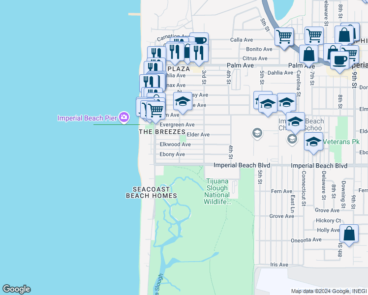 map of restaurants, bars, coffee shops, grocery stores, and more near 231 Elder Avenue in Imperial Beach
