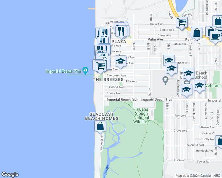 map of restaurants, bars, coffee shops, grocery stores, and more near 157 Elder Avenue in Imperial Beach