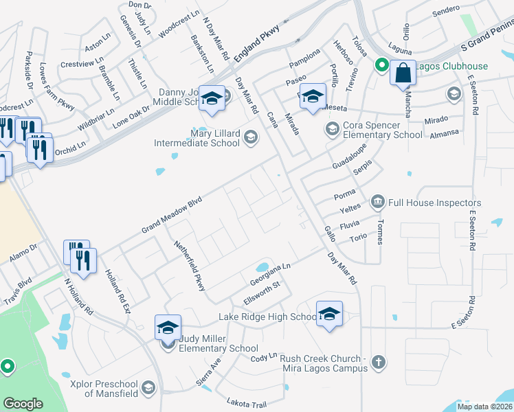 map of restaurants, bars, coffee shops, grocery stores, and more near 4707 Sunset Drive in Mansfield