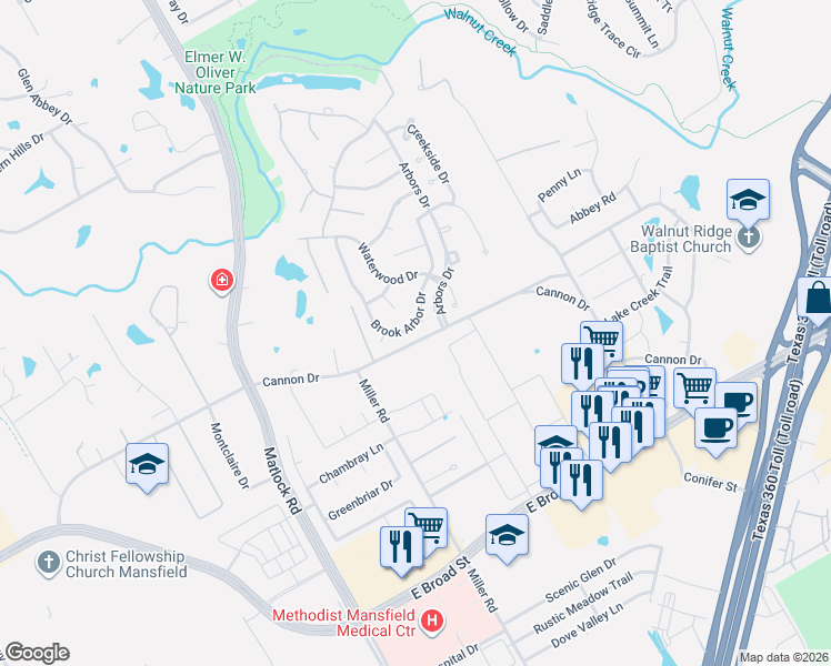 map of restaurants, bars, coffee shops, grocery stores, and more near 1116 Brook Arbor Drive in Mansfield