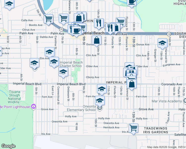 map of restaurants, bars, coffee shops, grocery stores, and more near 1031 Emory Street in Imperial Beach