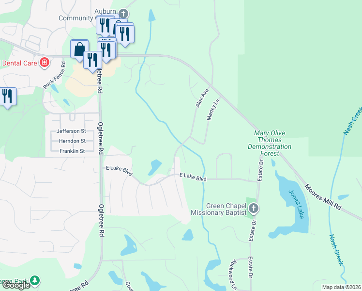 map of restaurants, bars, coffee shops, grocery stores, and more near Alex Avenue in Auburn