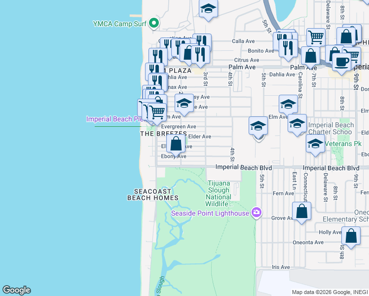 map of restaurants, bars, coffee shops, grocery stores, and more near 207 Elkwood Avenue in Imperial Beach