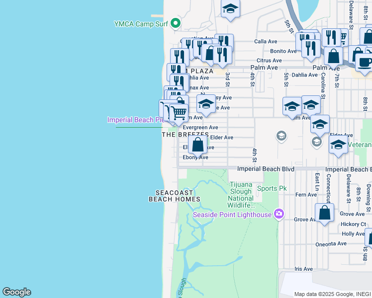 map of restaurants, bars, coffee shops, grocery stores, and more near 131 Elkwood Avenue in Imperial Beach