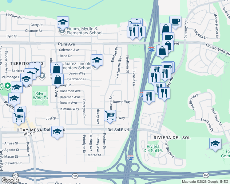 map of restaurants, bars, coffee shops, grocery stores, and more near 4310 Ebersole Drive in San Diego