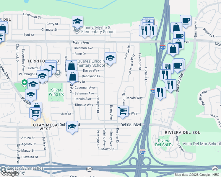map of restaurants, bars, coffee shops, grocery stores, and more near 4113 Arey Drive in San Diego
