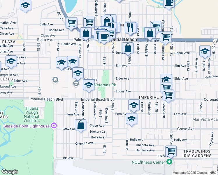 map of restaurants, bars, coffee shops, grocery stores, and more near 1075 8th Street in Imperial Beach