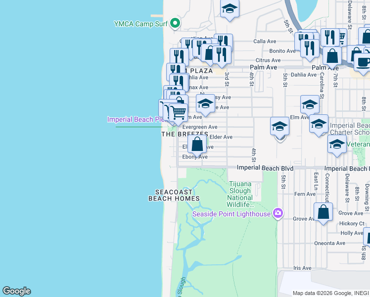 map of restaurants, bars, coffee shops, grocery stores, and more near 157 Elder Avenue in Imperial Beach