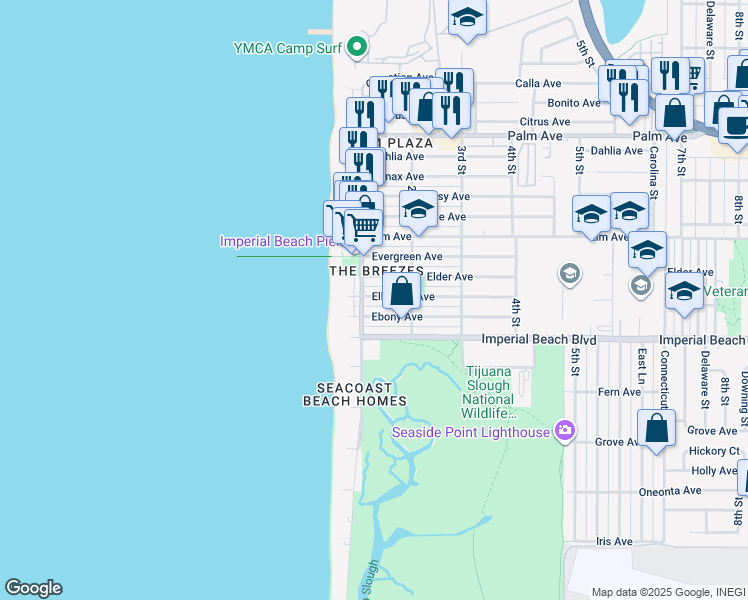 map of restaurants, bars, coffee shops, grocery stores, and more near 157 Elder Avenue in Imperial Beach