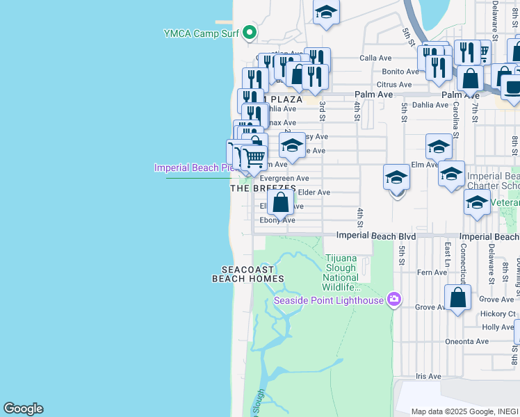 map of restaurants, bars, coffee shops, grocery stores, and more near 12 Ocean Lane in Imperial Beach