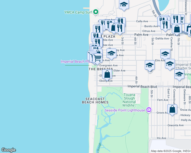 map of restaurants, bars, coffee shops, grocery stores, and more near 12 Ocean Lane in Imperial Beach