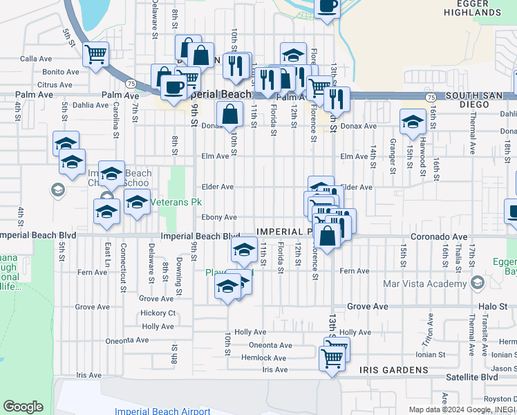 map of restaurants, bars, coffee shops, grocery stores, and more near 1033 11th Street in Imperial Beach
