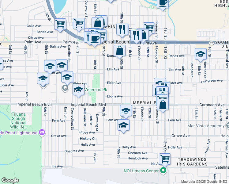 map of restaurants, bars, coffee shops, grocery stores, and more near 1029 Emory Street in Imperial Beach