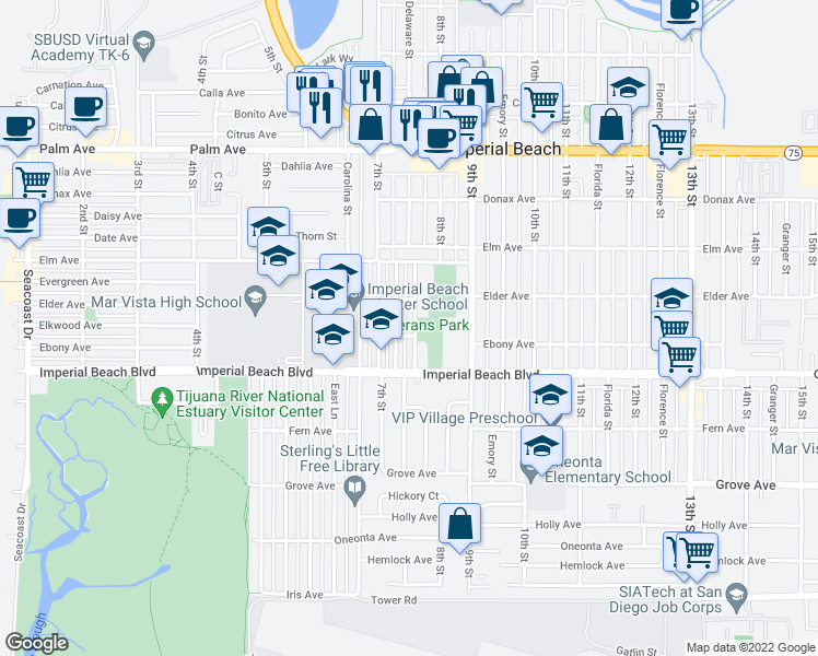 map of restaurants, bars, coffee shops, grocery stores, and more near 1038 8th Street in Imperial Beach