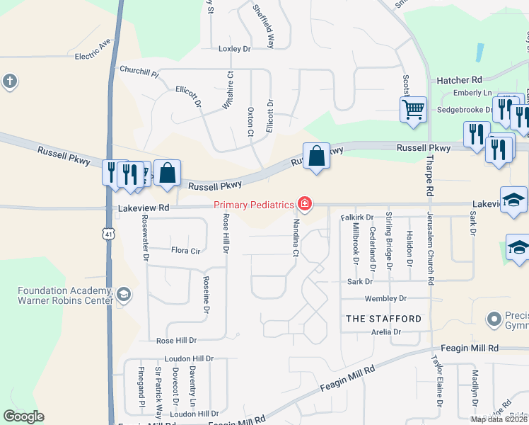 map of restaurants, bars, coffee shops, grocery stores, and more near 1044-1060 Lakeview Road in Warner Robins